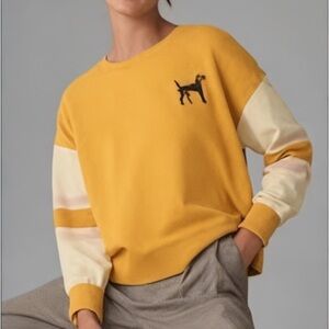 Anthropologie Maeve Mustard Colorblock Sweatshirt Size S Embroidered Dog